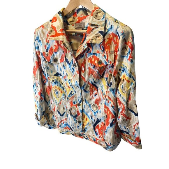 Chico's Colorful Artsy Button Up Denim Jacket Sz XL - Picture 3 of 7